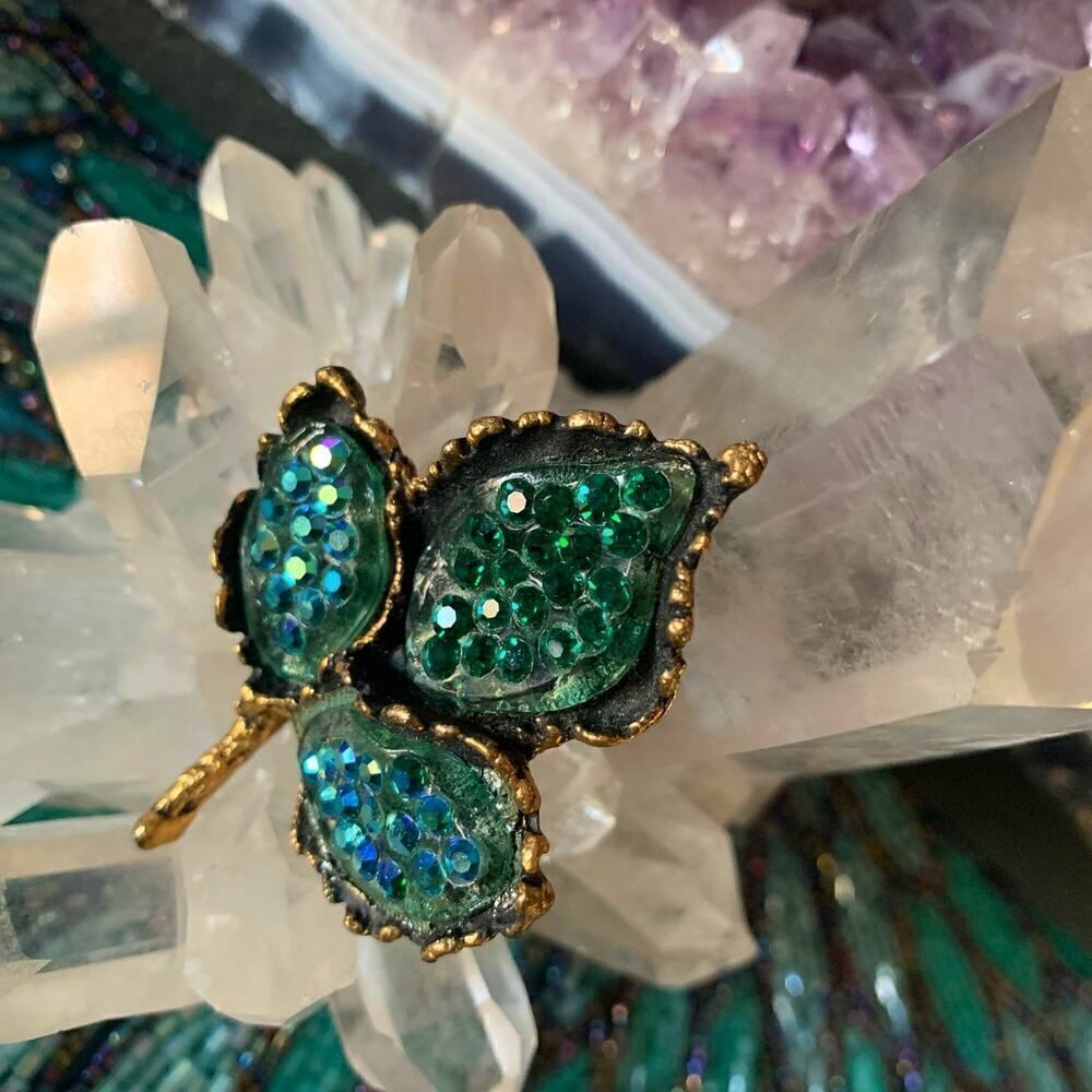 Gorgeous Green/Blue Crystal Brooch/Earrings SET, in Gold, Unmarked
